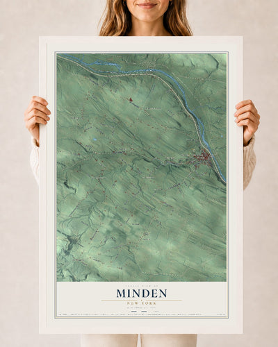 Minden, New York map print, 24" x 36" W/ White Ayous Wood Frame mockup