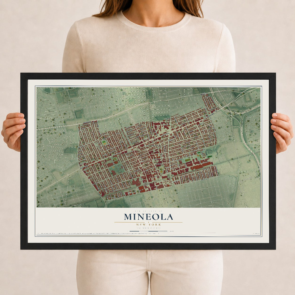 Mineola, New York map print, 12" x 18" W/ Black Ayous Wood Frame mockup