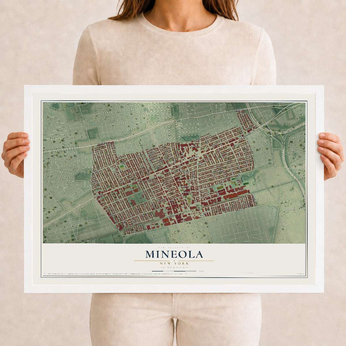Mineola, New York map print, 12" x 18" W/ White Ayous Wood Frame mockup