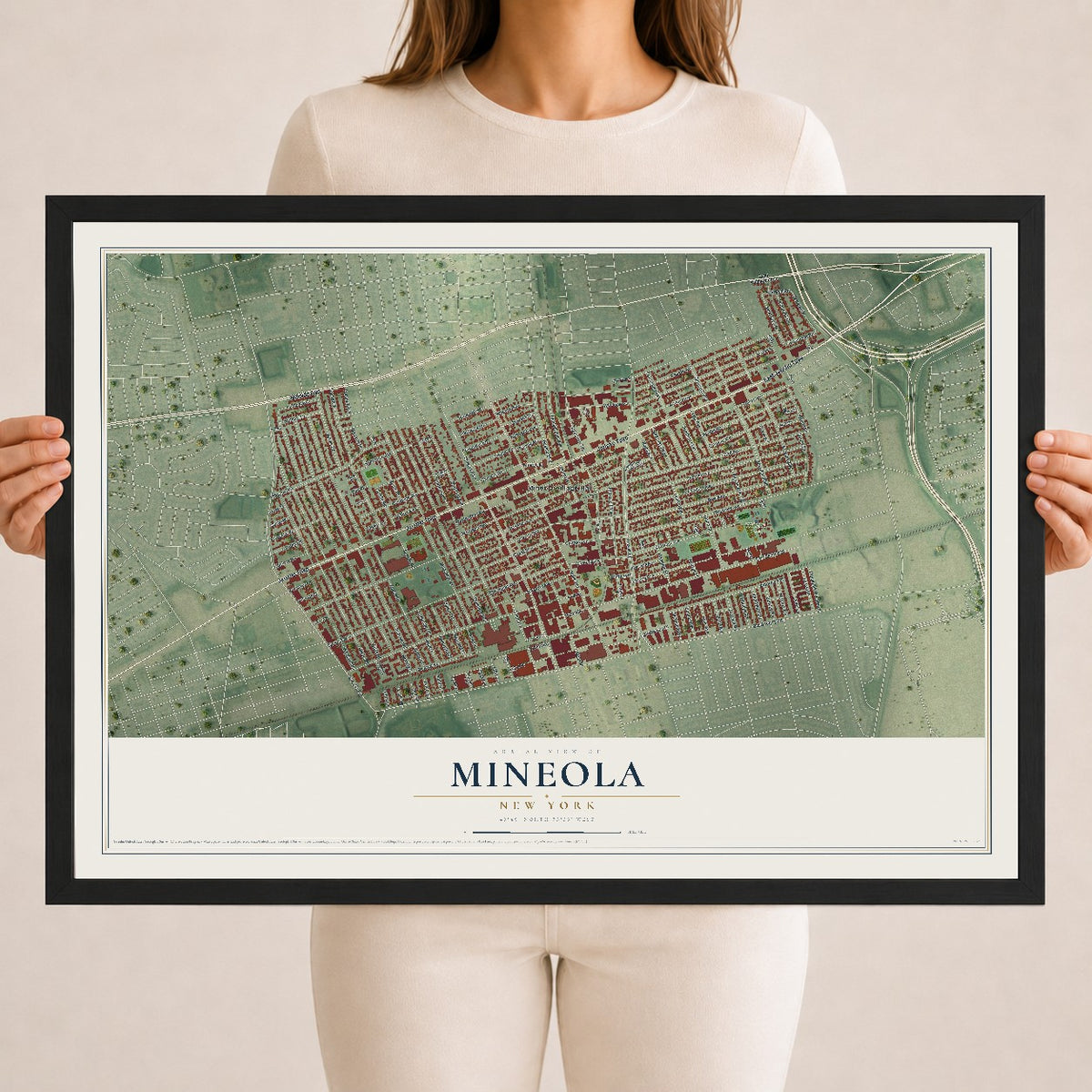 Mineola, New York map print, 18" x 24" W/ Black Ayous Wood Frame mockup