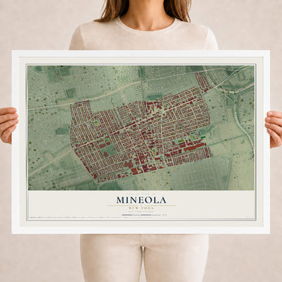 Mineola, New York map print, 18" x 24" W/ White Ayous Wood Frame mockup