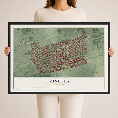 Mineola, New York map print, 24" x 36" W/ Black Ayous Wood Frame mockup