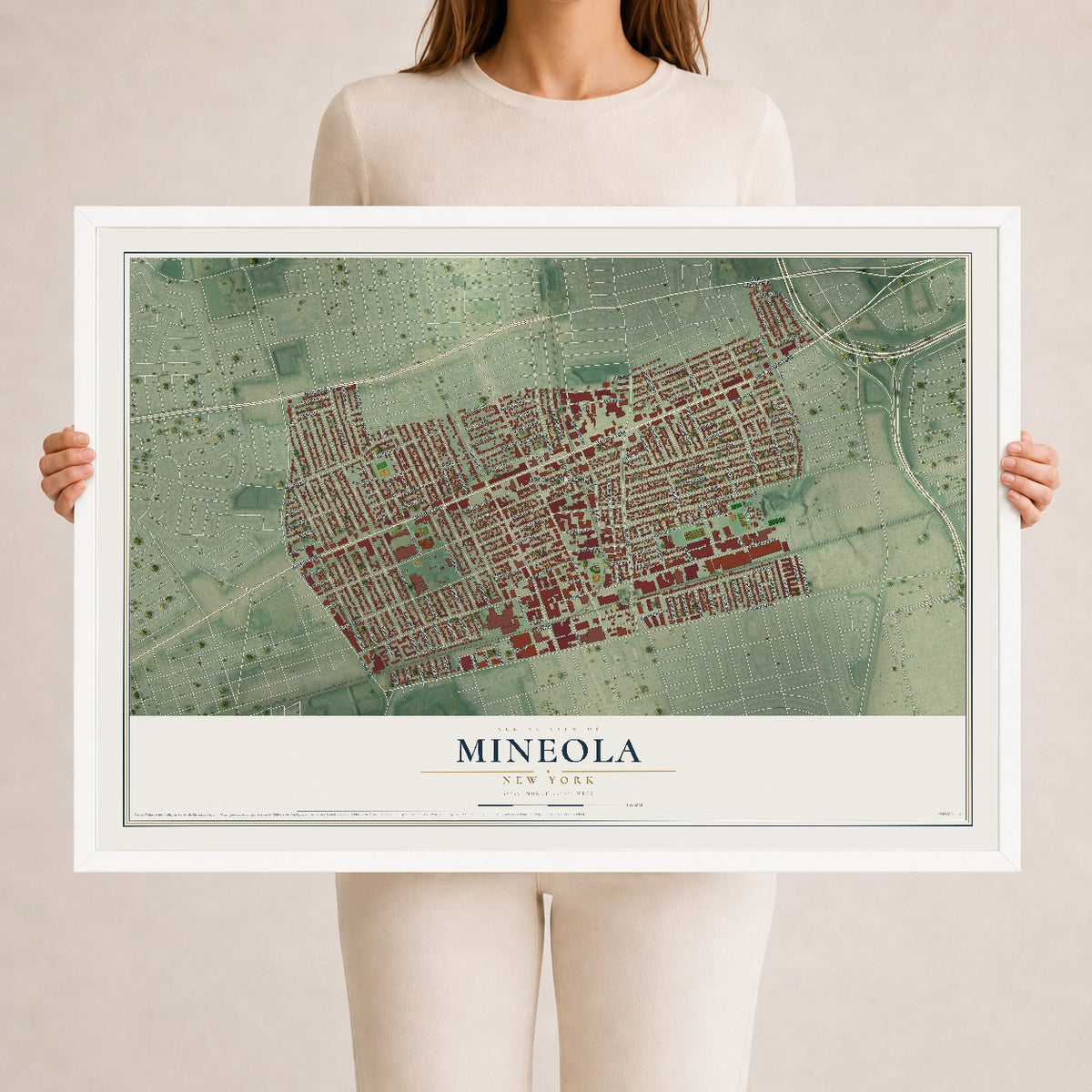 Mineola, New York map print, 24" x 36" W/ White Ayous Wood Frame mockup