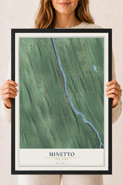 Minetto, New York map print, 18" x 24" W/ Black Ayous Wood Frame mockup