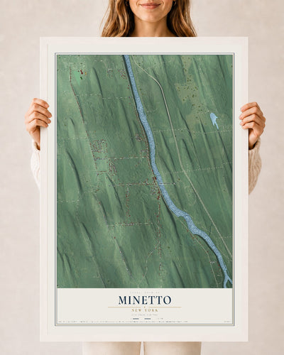 Minetto, New York map print, 24" x 36" W/ White Ayous Wood Frame mockup