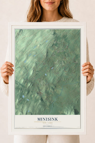 Minisink, New York map print, 18" x 24" W/ White Ayous Wood Frame mockup