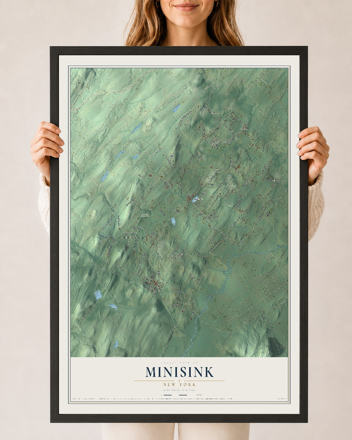 Minisink, New York map print, 24" x 36" W/ Black Ayous Wood Frame mockup