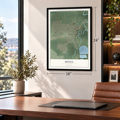 Minoa, New York map, 18 x 24 inch print in a black frame in a home office