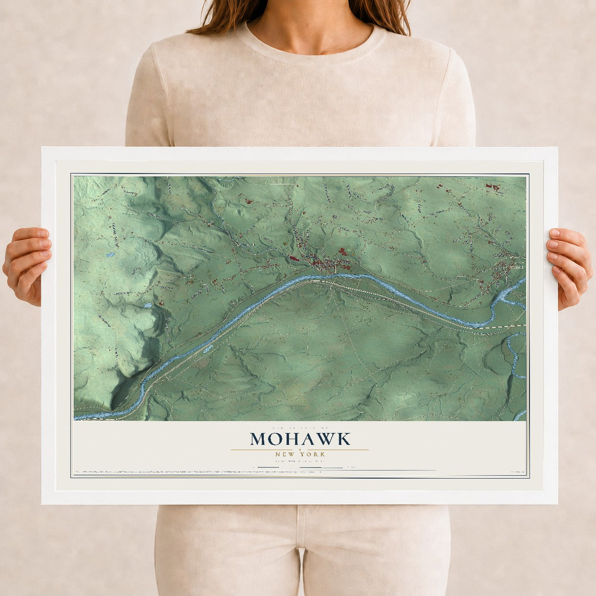 Mohawk, New York map print, 12" x 18" W/ White Ayous Wood Frame mockup