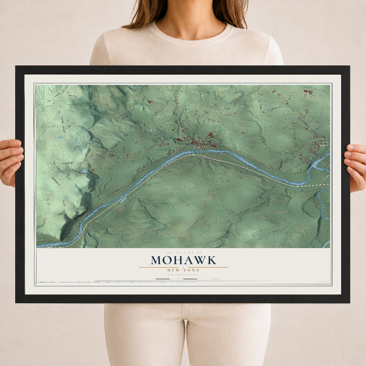 Mohawk, New York map print, 18" x 24" W/ Black Ayous Wood Frame mockup