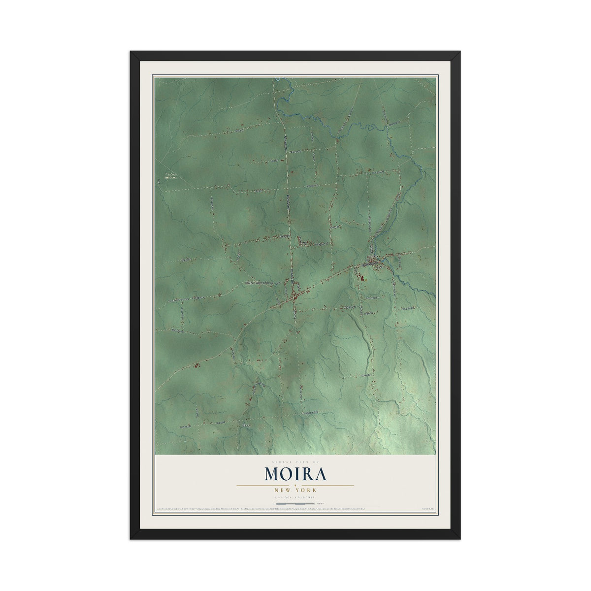 Moira, New York map print, 12" x 18" W/ Black Ayous Wood Frame mockup