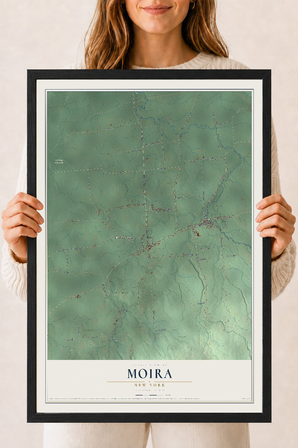 Moira, New York map print, 18" x 24" W/ Black Ayous Wood Frame mockup