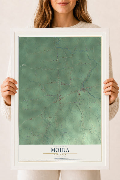 Moira, New York map print, 18" x 24" W/ White Ayous Wood Frame mockup