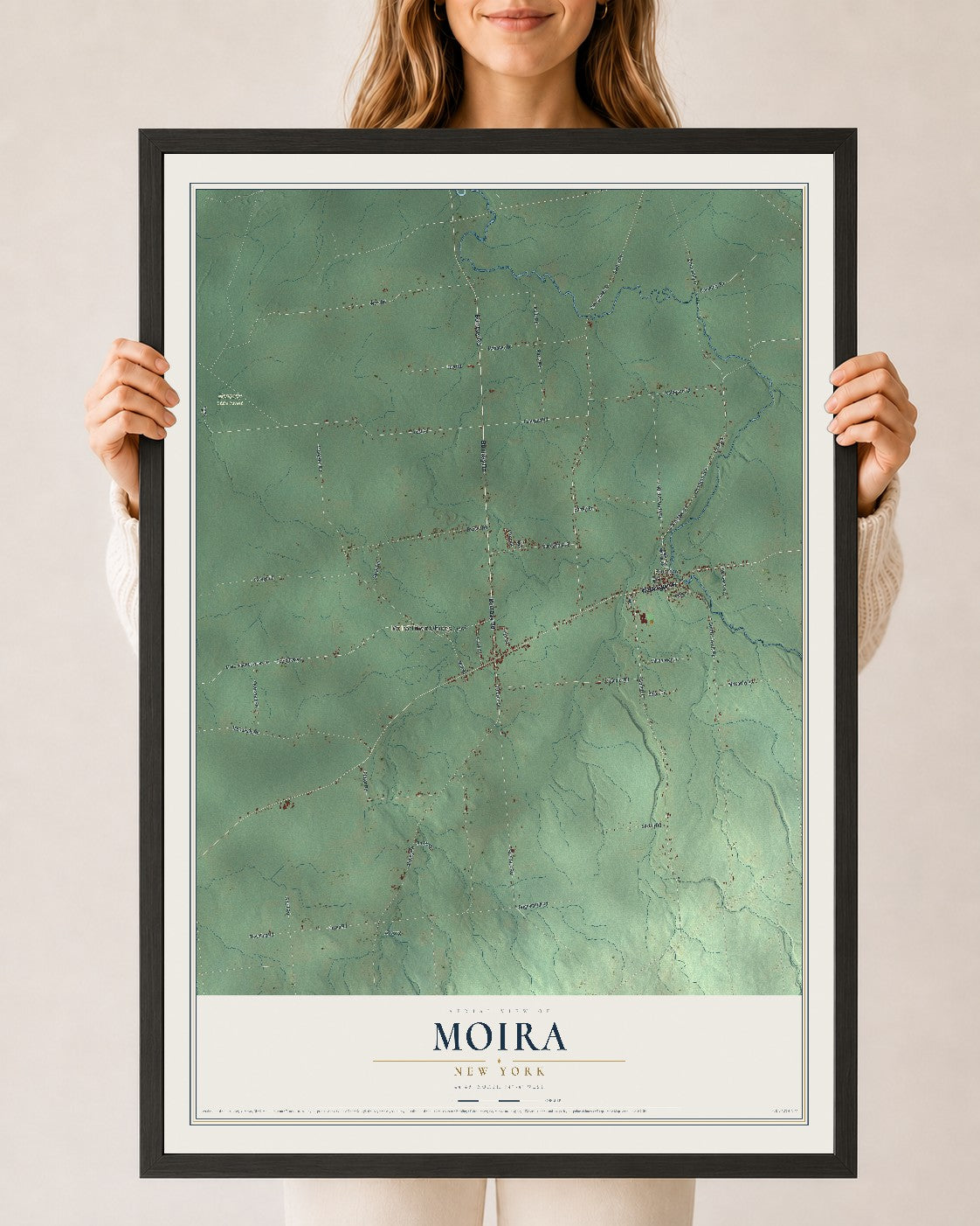 Moira, New York map print, 24" x 36" W/ Black Ayous Wood Frame mockup