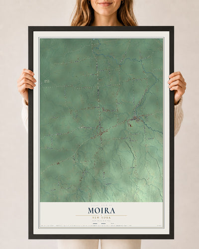 Moira, New York map print, 24" x 36" W/ Black Ayous Wood Frame mockup