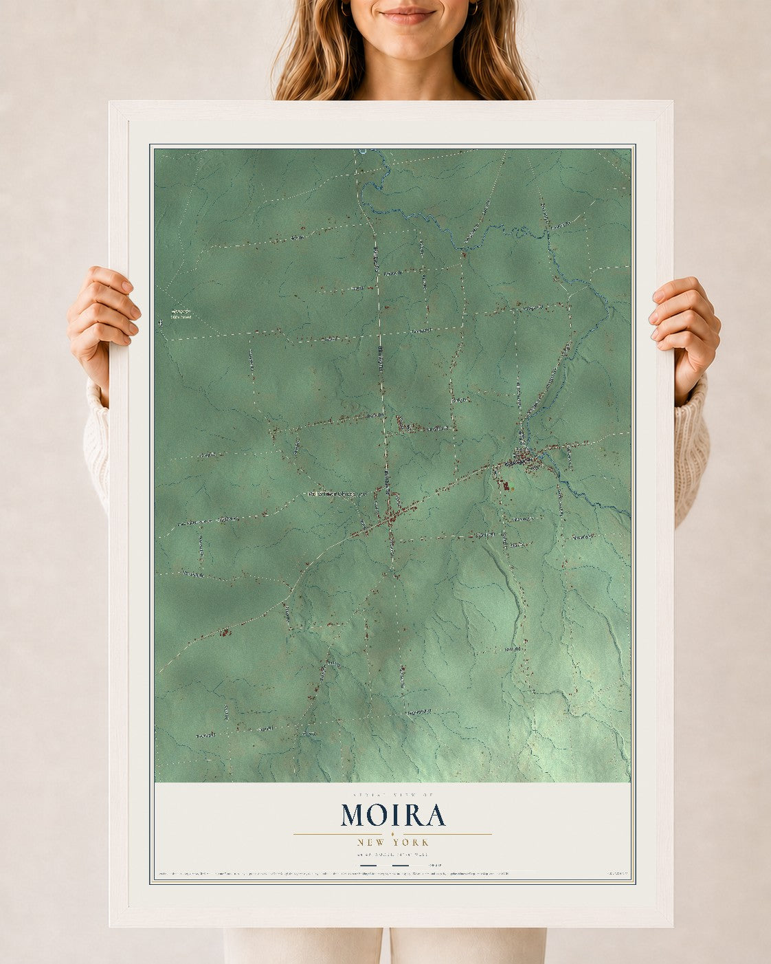 Moira, New York map print, 24" x 36" W/ White Ayous Wood Frame mockup