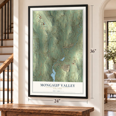 Mongaup Valley, New York map, 24 x 36 inch print in a black frame by a staircase