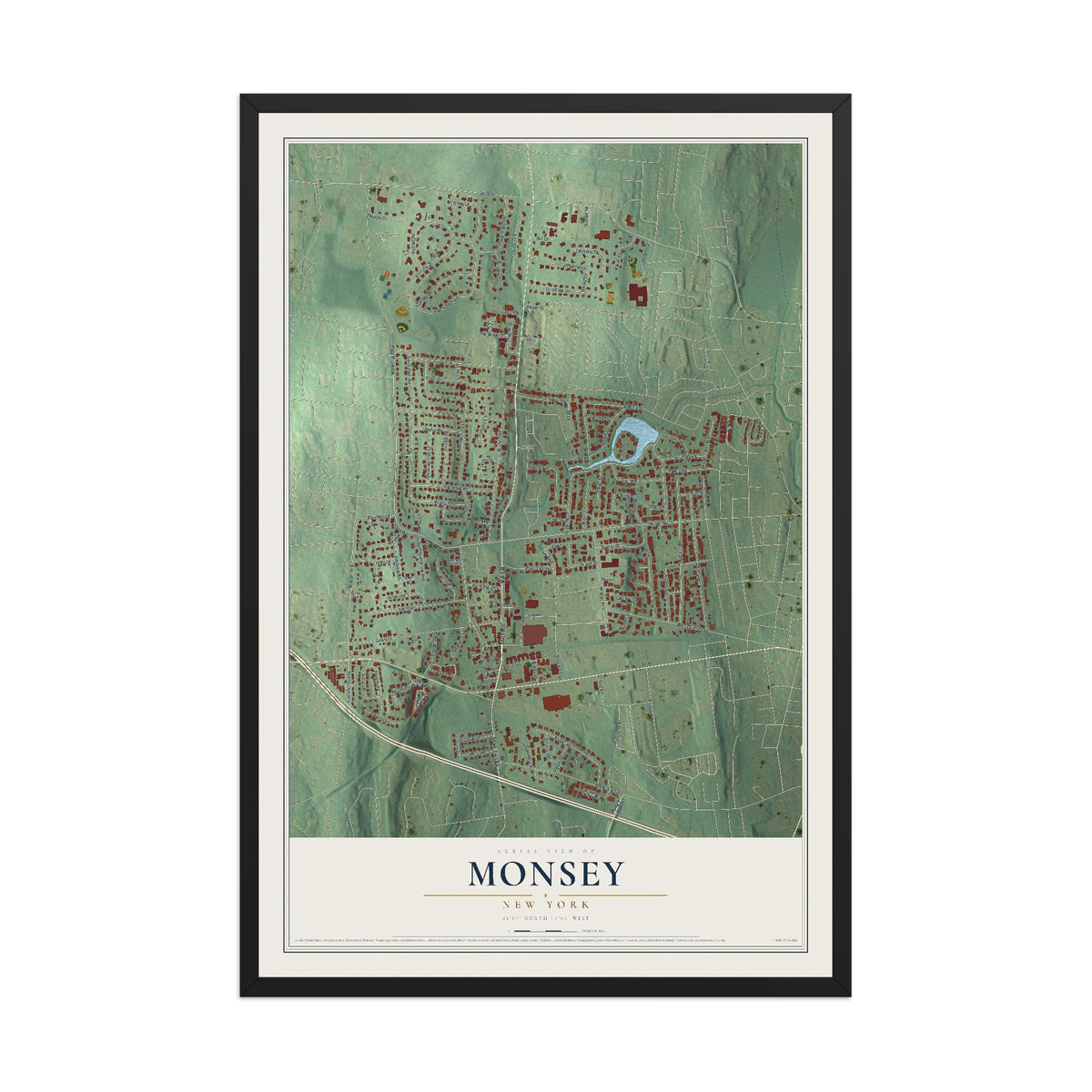 Monsey, New York map print, 12" x 18" W/ Black Ayous Wood Frame mockup