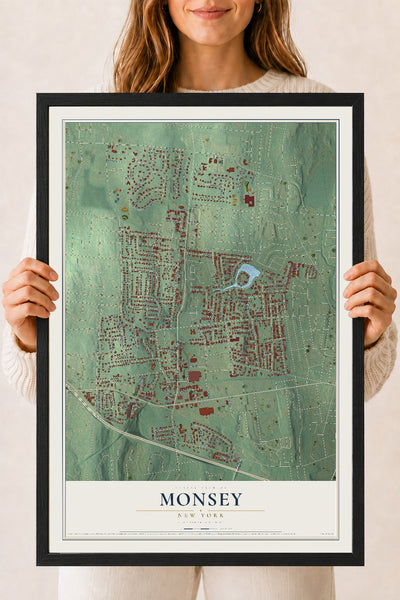 Monsey, New York map print, 18" x 24" W/ Black Ayous Wood Frame mockup
