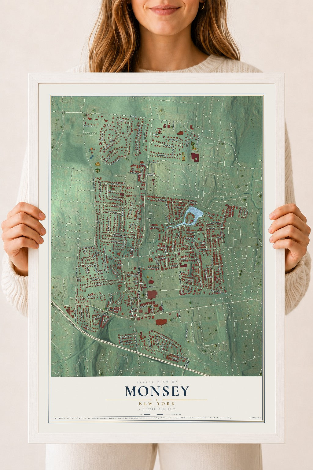 Monsey, New York map print, 18" x 24" W/ White Ayous Wood Frame mockup