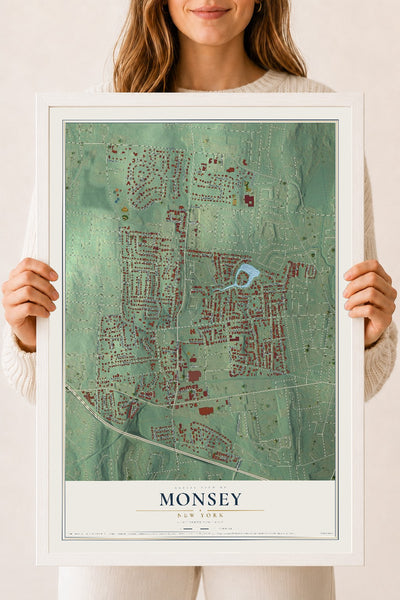 Monsey, New York map print, 18" x 24" W/ White Ayous Wood Frame mockup