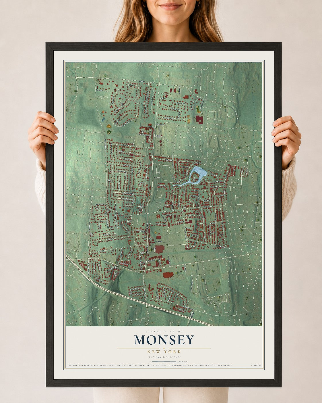Monsey, New York map print, 24" x 36" W/ Black Ayous Wood Frame mockup