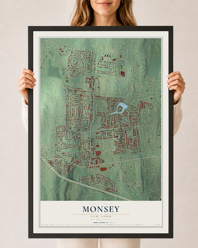 Monsey, New York map print, 24" x 36" W/ Black Ayous Wood Frame mockup