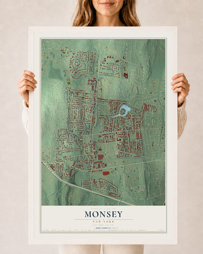 Monsey, New York map print, 24" x 36" W/ White Ayous Wood Frame mockup