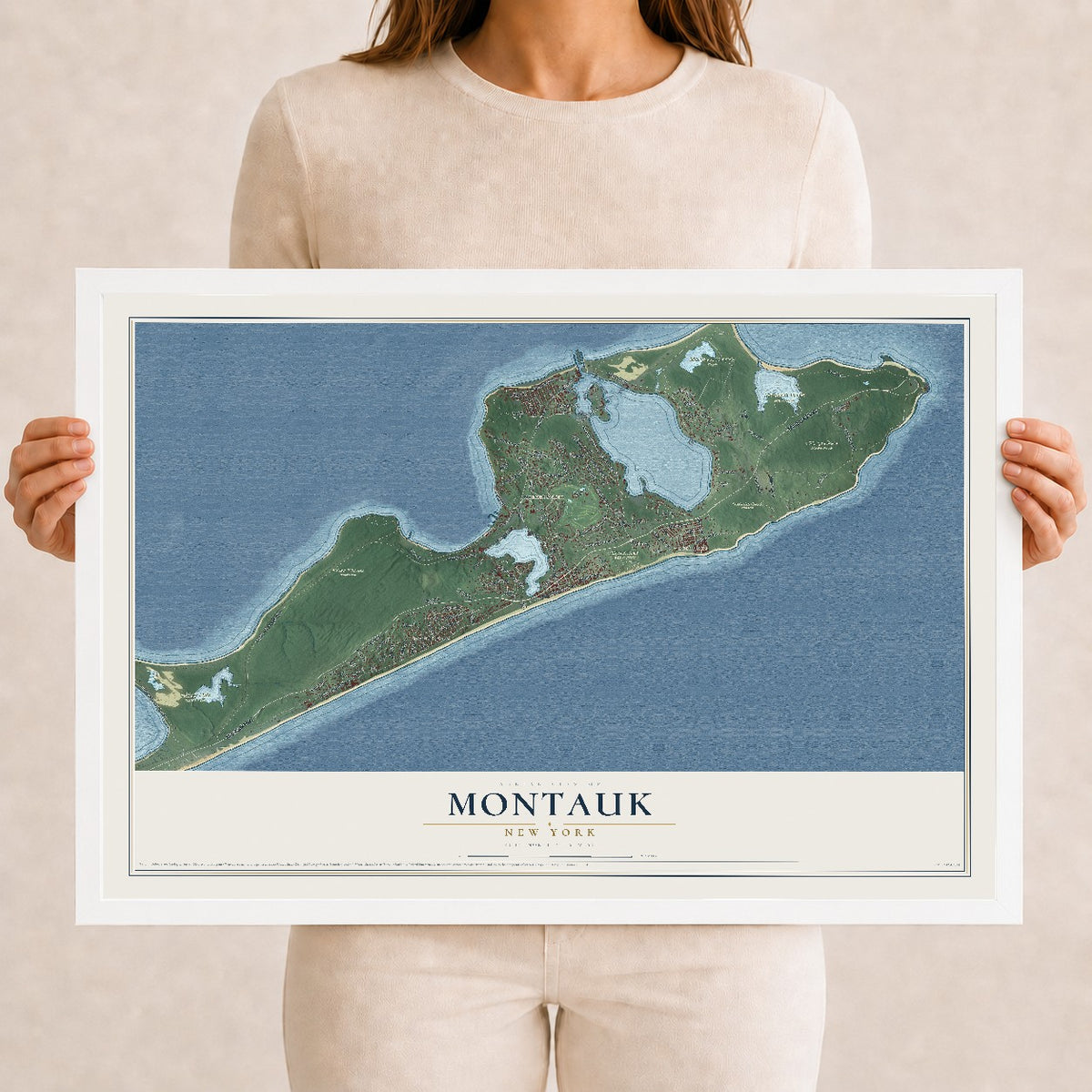 Montauk, New York map print, 12" x 18" W/ White Ayous Wood Frame mockup