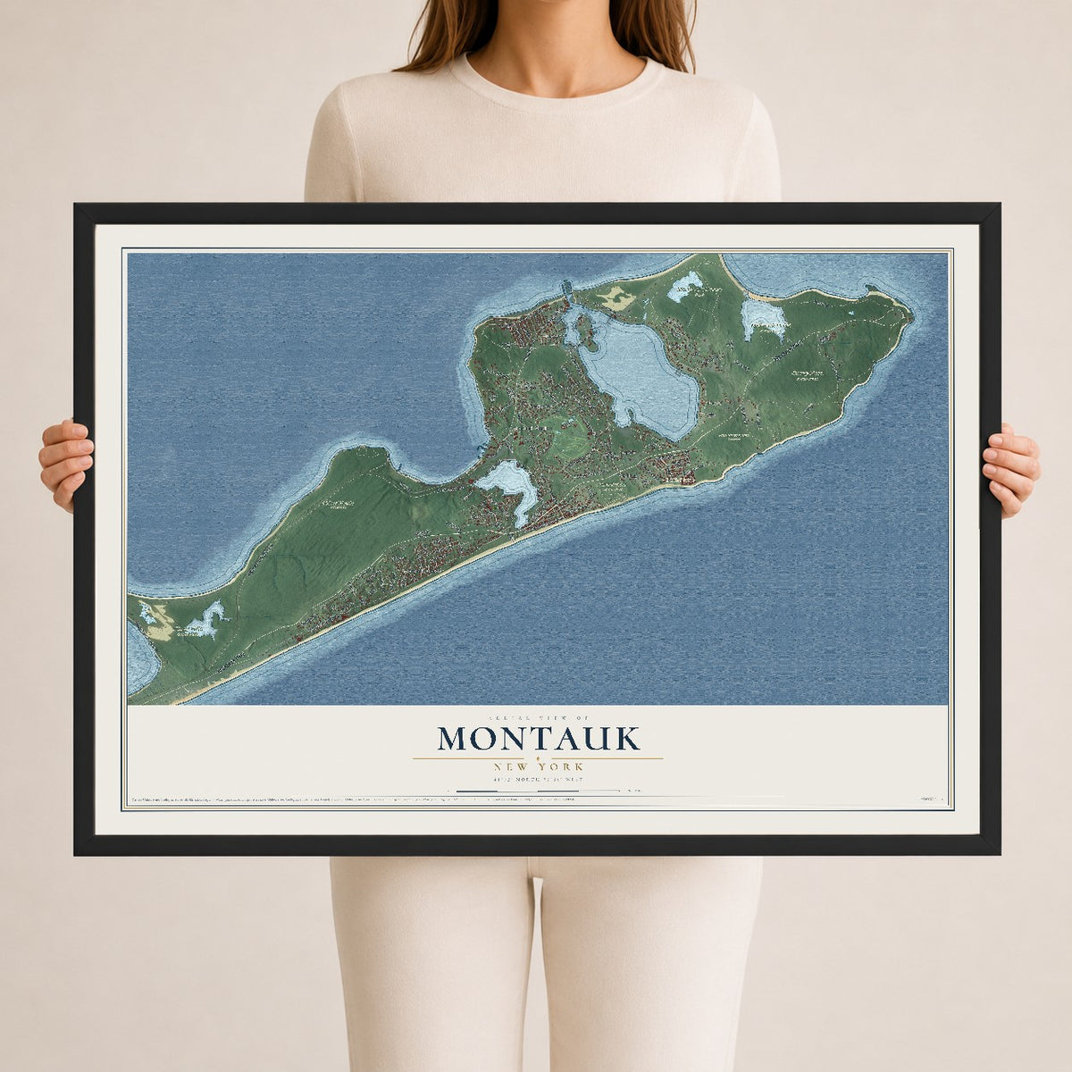 Montauk, New York map print, 24" x 36" W/ Black Ayous Wood Frame mockup