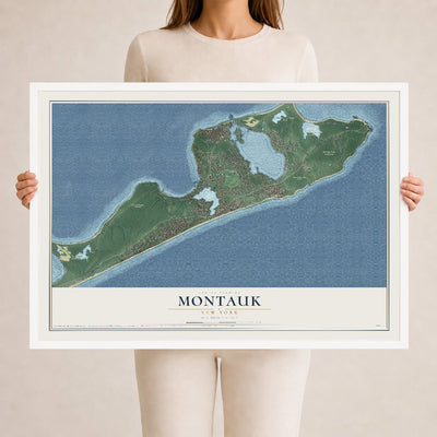 Montauk, New York map print, 24" x 36" W/ White Ayous Wood Frame mockup
