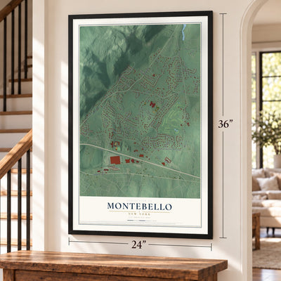Montebello, New York map, 24 x 36 inch print in a black frame by a staircase