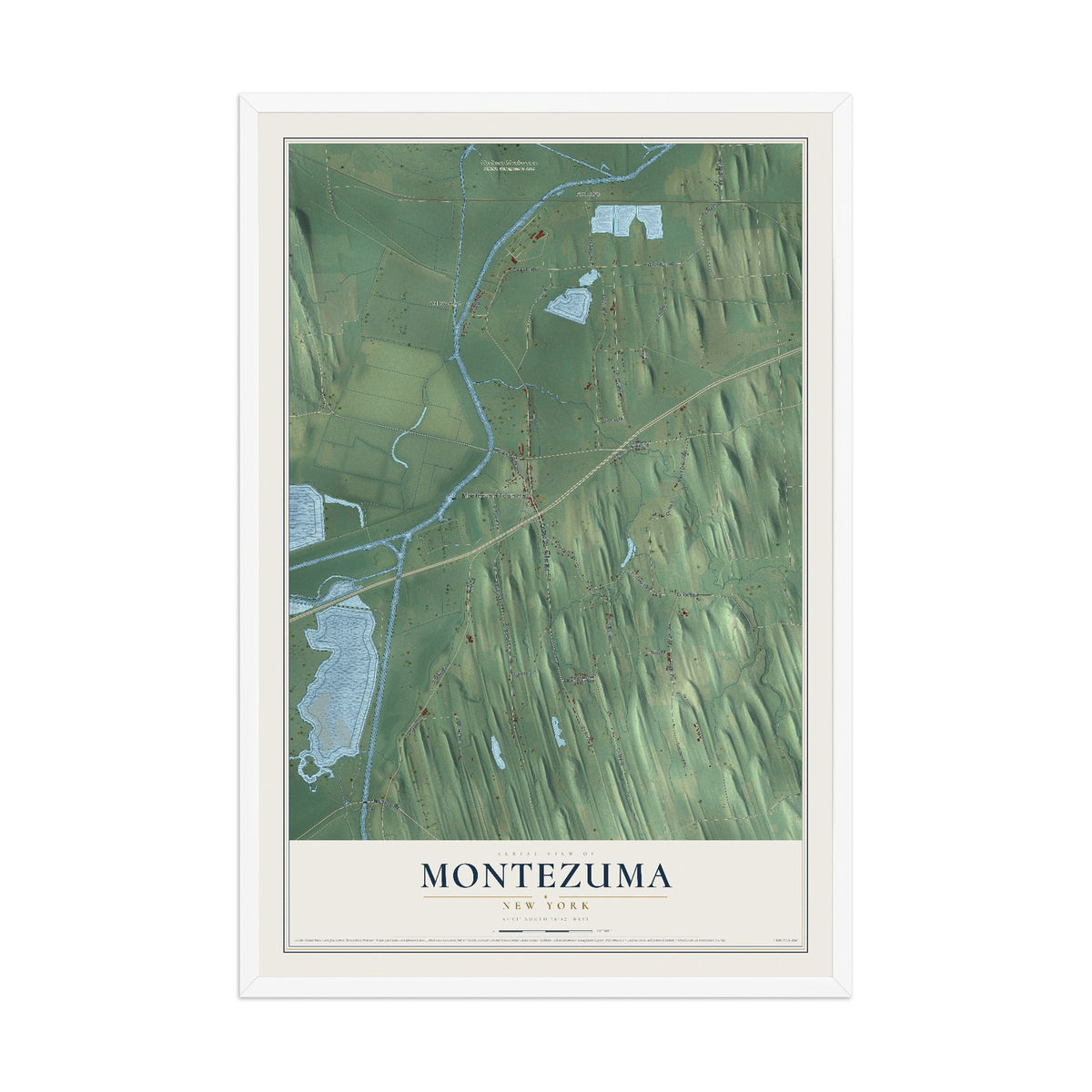 Montezuma, New York map print, 12" x 18" W/ White Ayous Wood Frame mockup