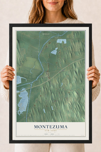 Montezuma, New York map print, 18" x 24" W/ Black Ayous Wood Frame mockup
