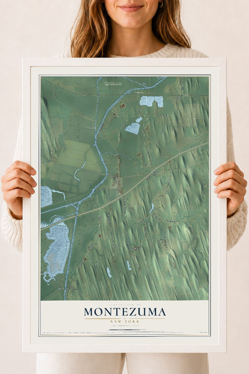 Montezuma, New York map print, 18" x 24" W/ White Ayous Wood Frame mockup