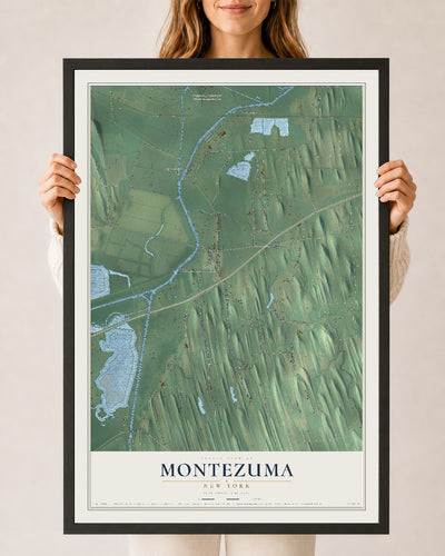 Montezuma, New York map print, 24" x 36" W/ Black Ayous Wood Frame mockup