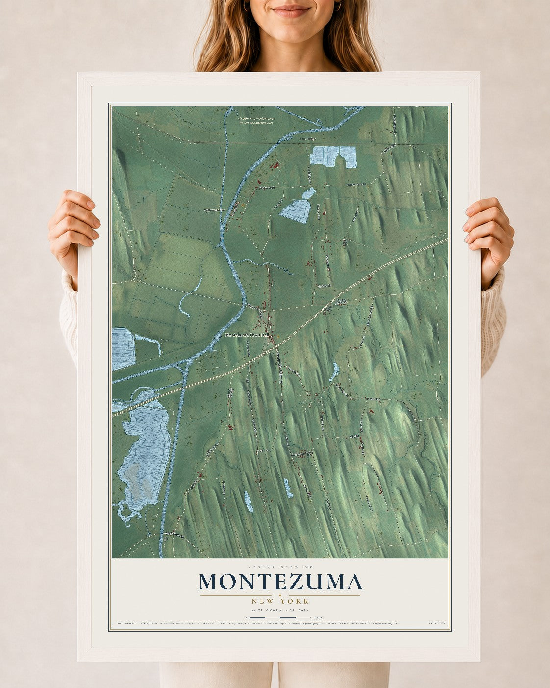 Montezuma, New York map print, 24" x 36" W/ White Ayous Wood Frame mockup