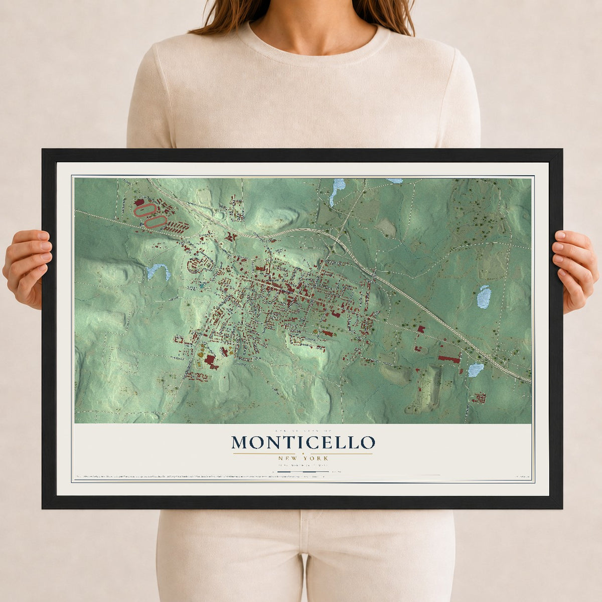 Monticello, New York map print, 12" x 18" W/ Black Ayous Wood Frame mockup