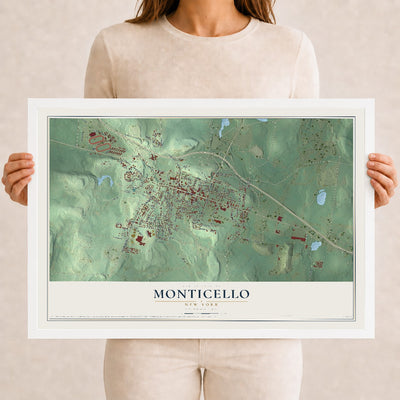 Monticello, New York map print, 12" x 18" W/ White Ayous Wood Frame mockup