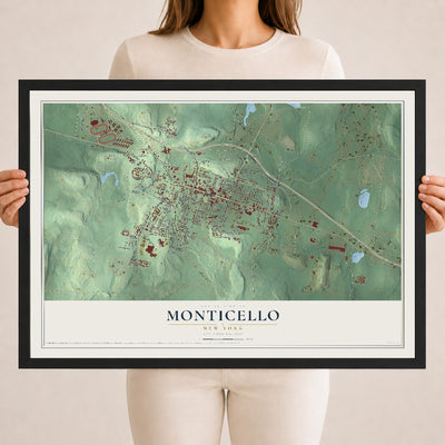 Monticello, New York map print, 18" x 24" W/ Black Ayous Wood Frame mockup