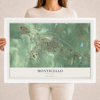 Monticello, New York map print, 18" x 24" W/ White Ayous Wood Frame mockup