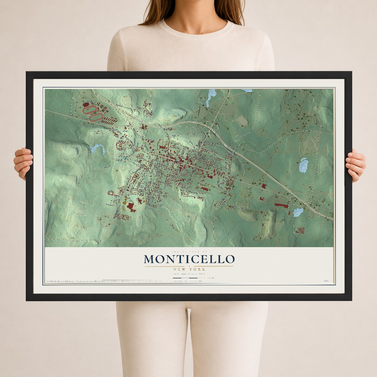 Monticello, New York map print, 24" x 36" W/ Black Ayous Wood Frame mockup