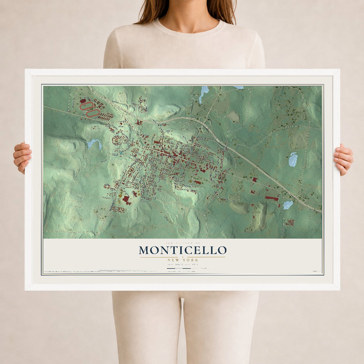 Monticello, New York map print, 24" x 36" W/ White Ayous Wood Frame mockup