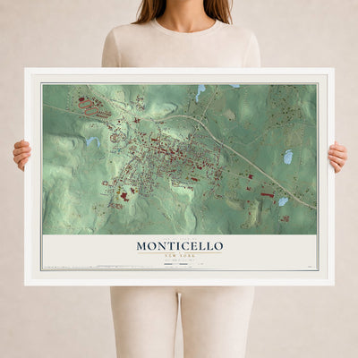 Monticello, New York map print, 24" x 36" W/ White Ayous Wood Frame mockup