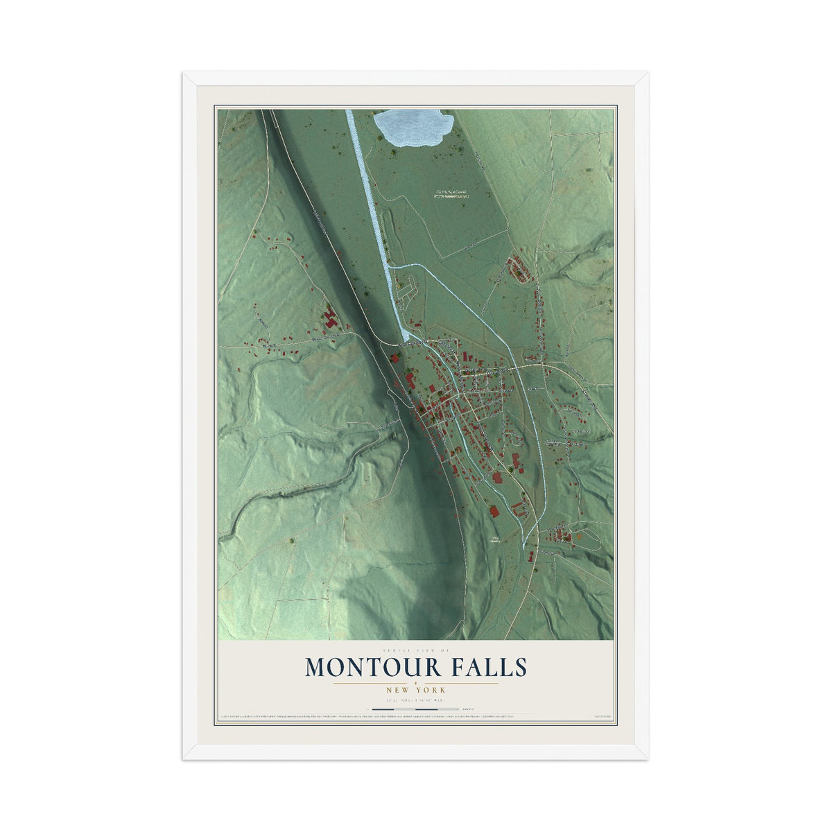 Montour Falls, New York map print, 12" x 18" W/ White Ayous Wood Frame mockup