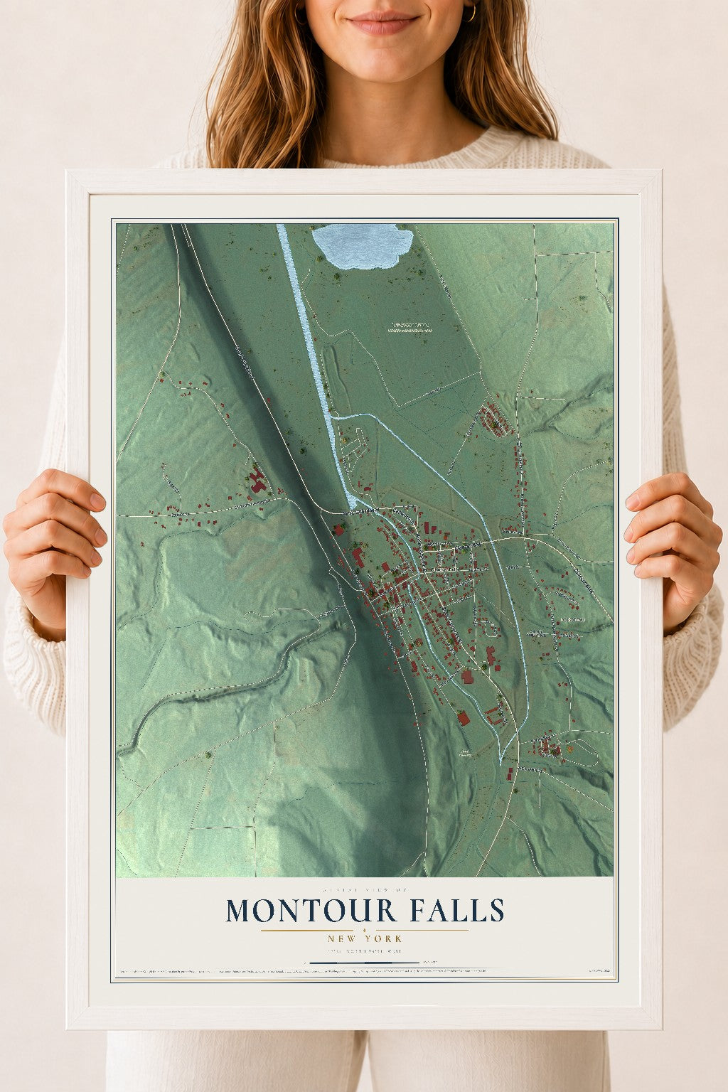 Montour Falls, New York map print, 18" x 24" W/ White Ayous Wood Frame mockup