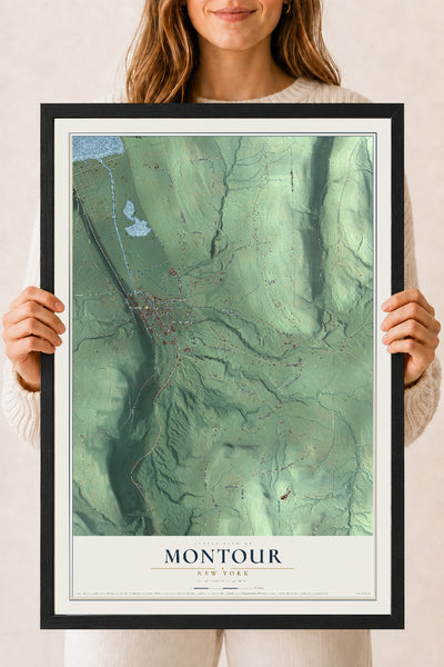 Montour, New York map print, 18" x 24" W/ Black Ayous Wood Frame mockup