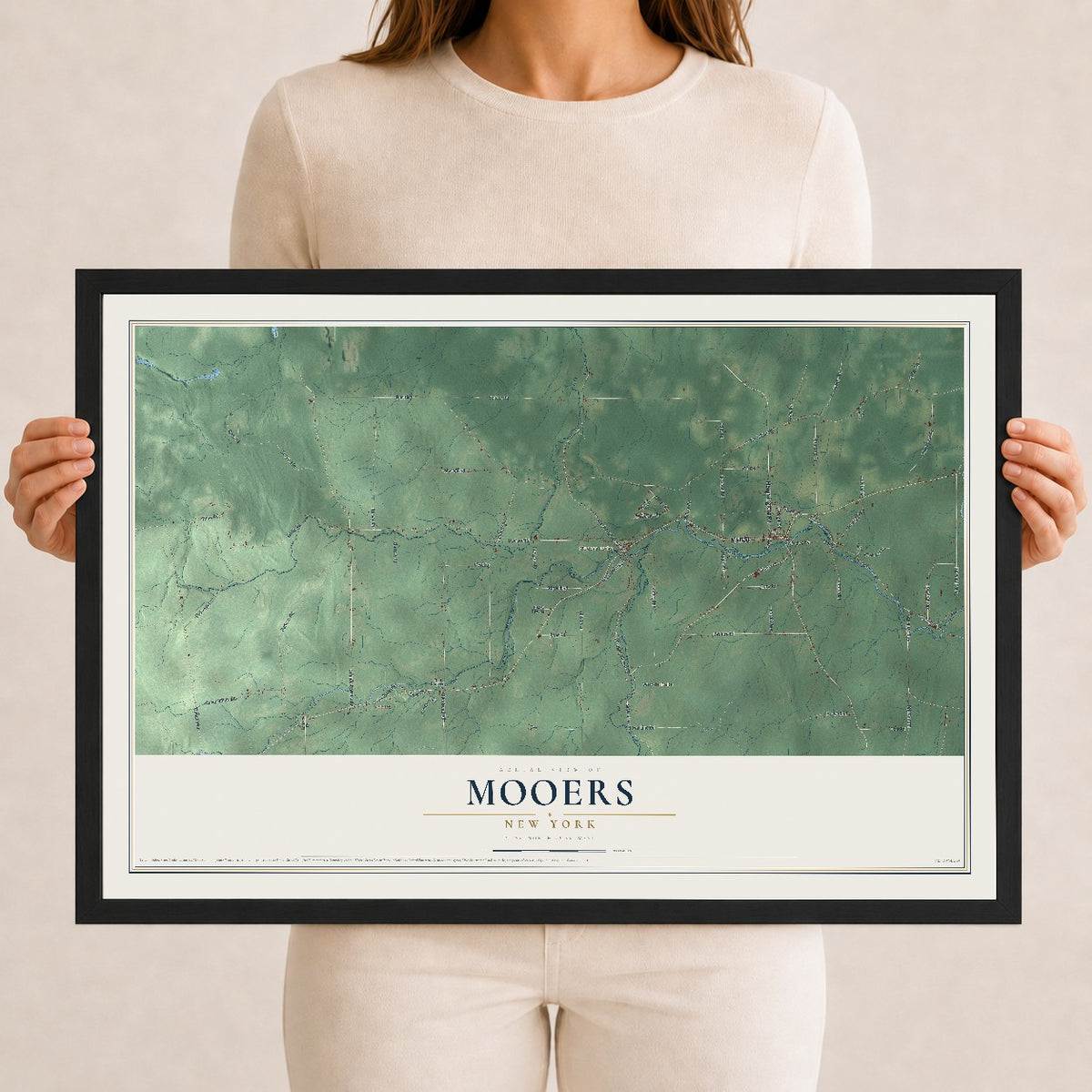 Mooers, New York map print, 12" x 18" W/ Black Ayous Wood Frame mockup