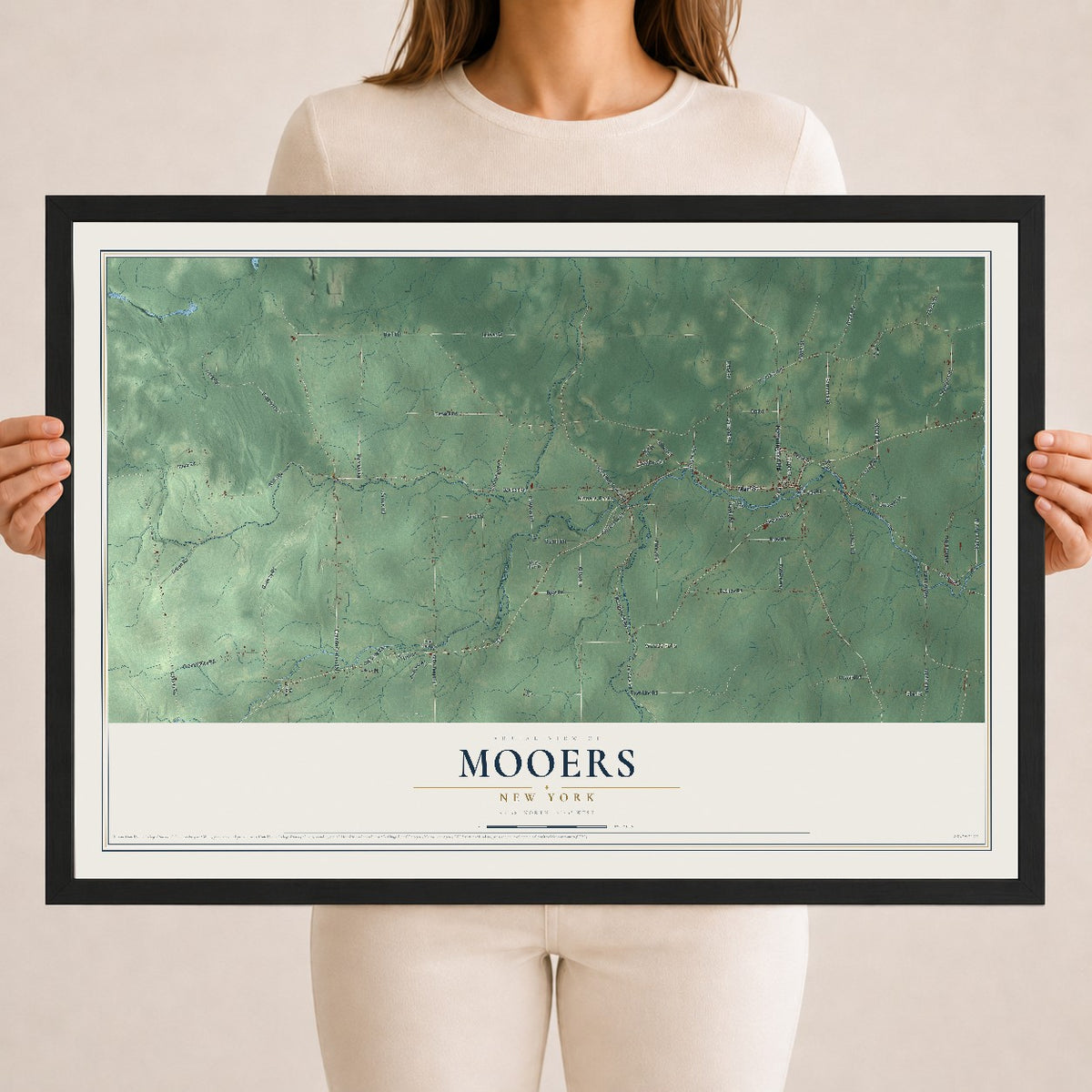 Mooers, New York map print, 18" x 24" W/ Black Ayous Wood Frame mockup