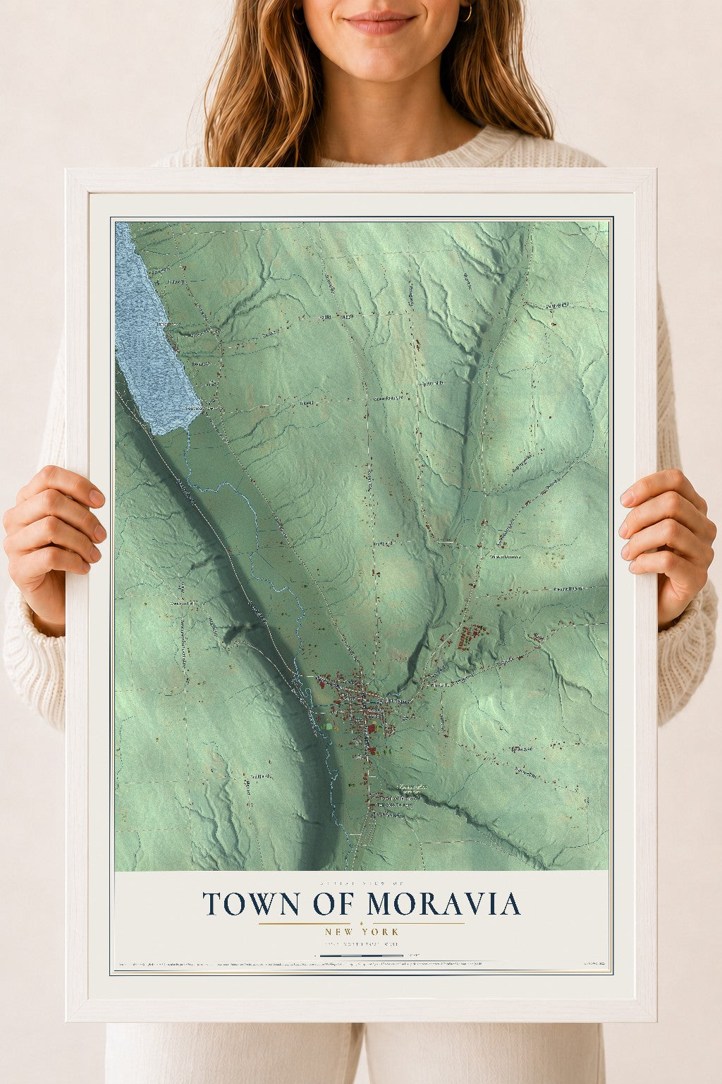 Moravia, New York map print, 18" x 24" W/ White Ayous Wood Frame mockup